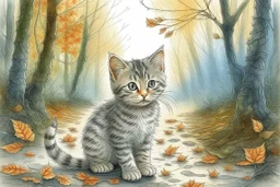 Cute soft contented kitten sweeping autumn leaves from the dirt road in the forest, reflecting water, misty morning sky, intricate zentangle, muted colours, employ golden ratio, elegant, intricate, very beautiful, high definition, hdr, pencil sketch, ultra realistic, ink, wet on wet watercolor, sparkling background