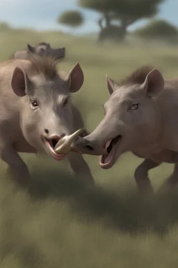 Animation image of warthogs running wild laughing, 8k high quality real life animation