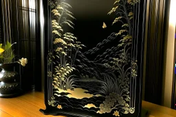 A black Dark Mirror designed in Javanese shadow puppets painted by Katsushika Hokusai