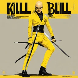 Iconic "Kill Bill" movie poster with Bill Burr in a sleek yellow spandex body suit armed with katana, movie graphic text "KILL BILL VOL III", dramatic, concept art, digital illustration