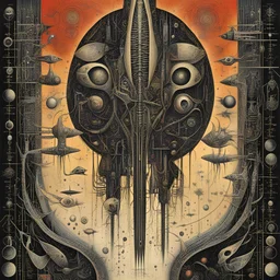 "Data Vivisection", otherworldly language glyphs art, abstract surreal sci-fi, first contact, by Wilfredo lam and Tomasz Setowski and H.R. Giger, silkscreened mind-bending illustration; dramatic sci-fi poster art, rich spacy primary colors, asymmetric, vertical braille code dots dashes