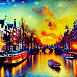 Drawing in oil of medieval Amsterdam city river, clouds, boats , sunset, fantasy 8k by Van Gogh