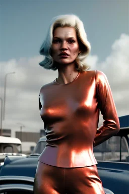 Ultra Realistic retro sci-fi, Supermarket parking scene, 1960 year, blonde woman, sweet young Kate moss face, x ray lights eyes, face makeup, tight latex coat, levitating cars, many panic people, Retro sci-fi style, soft color, highly detailed, unreal engine 5, ray tracing, RTX, lumen lighting, ultra detail, volumetric lighting, 3d, finely drawn, high definition, high resolution.