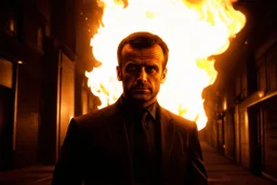 4k full realism. Full details. Lumieres ultra. Crée le portrait de Macron en terminator mettant le feu à la ville de paris