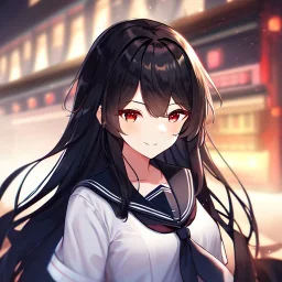 Clear focus, high resolution, black long fluffy hair, red eyes, wearing a sailor uniform, doing a evil smile