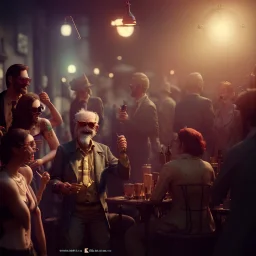 Realistic photo, American shot view, old man, cabaret scene, steampunk. Drunken, Sunglasses, smoking, happy, hot. Many people background, highly detailed, concept art, unreal engine 5, god rays, ray tracing, RTX, lumen lighting, ultra detail, volumetric lighting, 3d, finely drawn, high definition, high resolution.