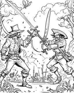 Sword Fight Showdown: Create an intense coloring page featuring a dramatic sword fight showdown between pirates, challenging artists to capture the energy of the battle.