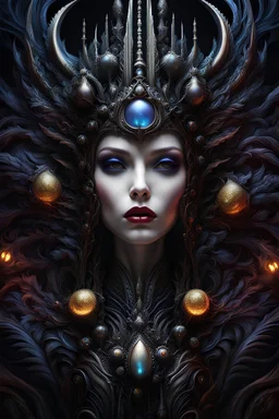 Giger style dark fairytale style Snow-White, expressive and mysterious, deep colors, detailed matte painting, fantastical, intricate detail, splash screen, colorful, fantasy concept art, 8k resolution, Unreal Engine 5, beautiful iris, sharp focus, centered, symmetric