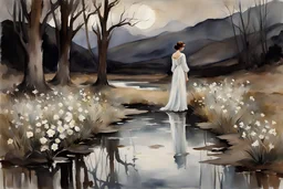 night, white flowers, one woman, puddle, mountains, gothic horror movies influence, dry trees, john singer sargent watercolor paintings