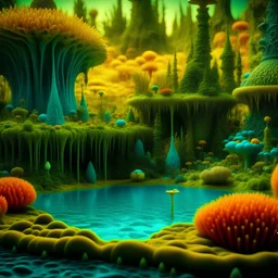 Odd swamp landscape with odd beings surreal abstract Max Ernst style, 120mm photography, sharp focus, 8k, 3d, very detailed, volumetric light, very colorful, ornate, F/2.8, insanely detailed and intricate, hypermaximalist