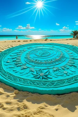 A cyan beach with a sun and moon designed in Kuna Molas painted by Antoni Gaudi