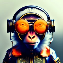 Monkey toddler, smile, steampunk headphone, sunglass, gangsta neckless, full body, orange puffer jacket, tokio background, dramatic lighting, hyper realistic, unreal engine 5, 16k