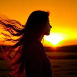 Silhouette of the head of a young lady with long flowing hair in a slight breeze. At sunset in Czech nature.