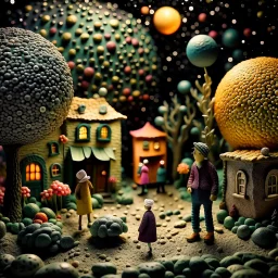 Detailed people, street made of modeling clay and felt, village, stars, galaxy and fog, planets, moon, volumetric light flowers, naïve, Henri Rousseau, strong texture, extreme detail, Yves Tanguy, decal, rich moody colors, sparkles, Harry Potter, bokeh, odd, shot on Ilford