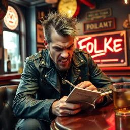 A very angry and bitter punk rocker sitting on a pub looking very angry, writing in his notebook new songs for his punk rocker band, a sign with "FOLKE" IN BACKGROUND