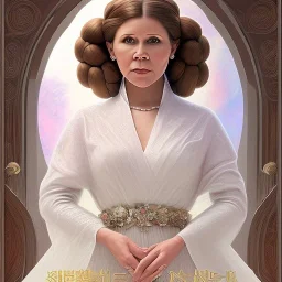 hyperspace background, complete and photo realistic detailed head to waist stunning photo realistic portrait of carrie fisher as Princess Leia in star wars with photo realistic wedding hairstyle by Mandy Jurgens and mucha and Richard Schmid and chuck close and chie yoshii, extraordinary and detailed ceremony dress of star wars,brown eyes