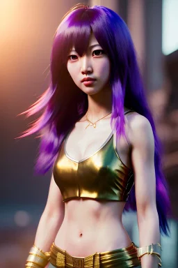 Young asian woman, anime barbarian character, purple hair, gold eyes, long hair gold jewelry, leather, vibrant color, highly detailed, art stations, concept art, smooth, unreal engine 5, god rays, ray tracing, RTX, lumen lighting, ultra detail, volumetric lighting, 3d, finely drawn, high definition, high resolution.