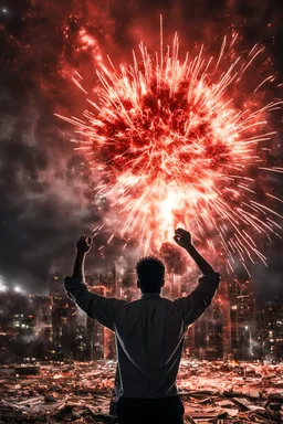 Young man standing, with arms raised, in front of an exploding building at night, with red lightening around him