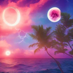 1980's vaporwave aesthetic palm trees with lightning with lunar eclipse moon crescent in the ocean waves sunset