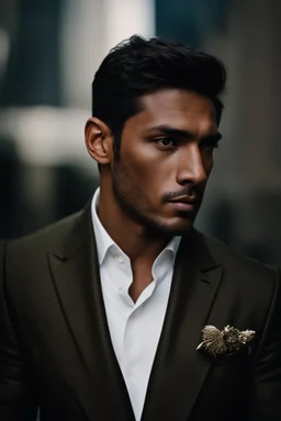 40 year man with Dark olive skin. Dark brown short hair, and neatly trimmed beard. scar on his cheek. wearing an expensive suit