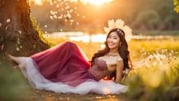 A gorgeous smiling Asian model in a fairy outfit in a wood with ancient trees, a small torrent and dandelion seeds in the air at sunset