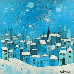 A cyan city in winter season with falling snowflakes painted by Paul Klee