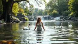 very beautifu lady is standing in water to swim in a beautiful river in country side with water falls and big tree,wild flowers and, swans pertty coloful fishes in river ,a pretty Deer with horns in inside plants,butterflies around flowers,heaven escape,
