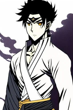 A manga-style portrait of a 35-years old male Shinigami, in the style of "Bleach", tall and muscular, with wild silver-gray hair, steel-colored eyes, and a scar across his left brow and cheek. He wears a tattered captain's haori of the 11th Division, open kimono revealing a dragon claw tattoo on his chest, and metallic claws on his forearms. He smirks defiantly, standing in a dynamic pose with silver reiatsu swirling around him.