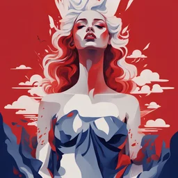 Generate a gouache illustration based on the song Queendom by 'Aurora'. Make it powerful. Use elements from the given photo to create something new and interesting. Replace the colour red work navy blue. Make it abstract. Ignore the woman