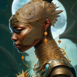 sango fantasy, fantasy magic, intricate, sharp focus, illustration, highly detailed, digital painting, concept art, matte, artgerm and paul lewin and kehinde wiley, masterpiece Asian black panther Papu New Guina pyramid green space lady space blood moon galaxy