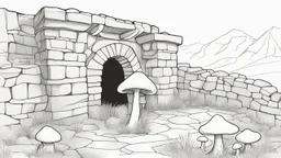 Ground-level outline sketch of a mushroom with octopus tentacles with a crumbling stone wall with an arch behind