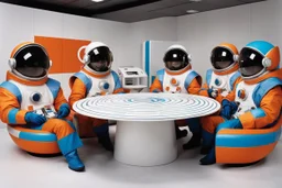 (design by Mario Bellini, 1970) a collection of spacesuits and space equipment that screams retro futuristic vibes. The spacesuits, with bold geometric patterns, stand out like interstellar fashion statements. A low table displays cosmic swirls reminiscent of psychedelic art, complementing the space gear perfectly. Sink into the shaggy, vibrantly-hued seats for a comfy voyage through the galaxies. Angular displays hold ancient relics and futuristic gadgets, merging the past and the future seam