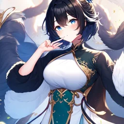 Clear focus,High resolution, Black short fluffy hair, and blue eyes, wearing a Chinese Traditional outfit dark green with black, Blushing, Hand up, white fur around her neck