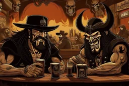 Crée un image en mode cartoon. Lemmy kilmister et un demon boivent une bière dans un café en enfer