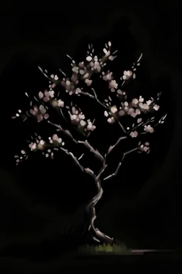 Watercolor painting of a Japanese cherry tree in bloom, isolated on a dark background, muted colors