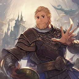 A nord male battlemage from Skyrim, full plate nordic armor, blond hair of medium length, hearty, smiling, thick short beard, an electric sphere in right hand, correct proportions