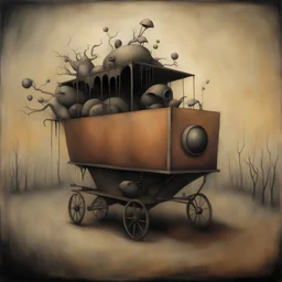 Surreal style by Hannah Hoch and Stephen Gammell and Pawel Kuczynski, decay and distrust plague cart, warm colors, and cold hues eerie, neo-surrealism, creepy, concept art