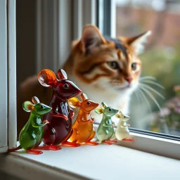 Enameled glass figurines of anthropomorphic mice arraigned on a windowsill, cat outside looking in the window curiously at the glass figuring mice, photorealism, HD digital photography, warm colors