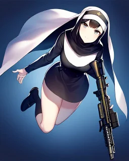 A nun in a short dress jumping with a gun