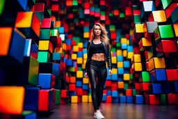beautiful lady with todays modern clothing and sport shoes, in surreal stage made of fractal random size cubes with helical strip colors in clothing similar to environment full body posing to camera,animating background metallic random color cubes