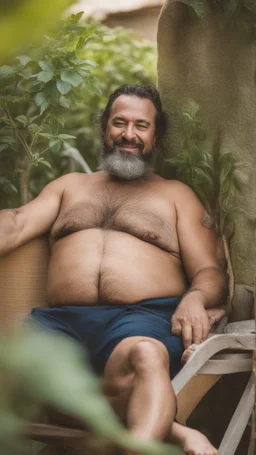 half figure photography of a sicilian bearded dock worker 45 years old, with a cat sleeping on his stomach, manly chest, shirtless, burly chubby, ,muscular, bulge, on the terrace full of plants, on the deckchair, bare-chested , hairy chest, under the sun, relaxing smiling