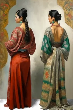 2 mexican woman painting neoclassism standing from the back whole body zoom out