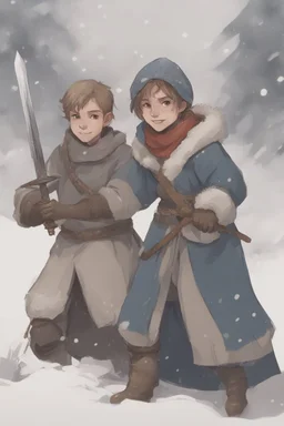 DnD style, two medieval peasant kids playing in the snow male and female, age 14 and 15, happy and playful, he has a short sword.