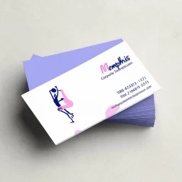 Business card design for a physio featuring a small, friendly line-art illustration of a person stretching. Style: Minimalist vector illustration, "Corporate Memphis" art style but refined. Colors: Pastel pink, lavender, and royal blue accents. Background: Off-white. The design is playful and inviting but distinctively medical and professional. High detail, 4k, photorealistic mockup on a stone surface.