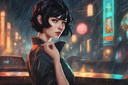 elizabeth with short black hair in 8k 2D anime realistic drawing style, bioshock them, neon effect, close picture, rain, highly detailed, high details, detailed portrait, masterpiece,ultra detailed, ultra quality