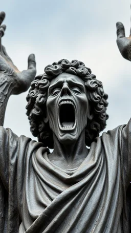 Ceramic style statue all colours are dark gray of an old church man from the 1000 BC in it a whole body and the head of dead man with thick curly hair and his eyes are open wide and open mouth with rage , raising his arms up