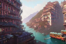 close up train+Elevated train+riomaggiore corner building+Italian colourful sea village +alphonse mucha, greg rutkowski,matte painting, cryengine, hyper detailed, felix kelly, fantasy art, seb mckinnon