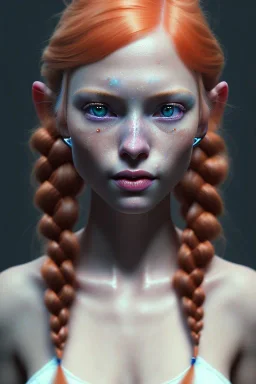 girl, cute, beautiful, orange hair, two braids, wild bangs, blue eyes, big eyes, freckles, long eyelashes, pink lipstick, thin lips, small nose, Gillian from Practical Magic, 8k resolution concept art portrait by Greg Rutkowski