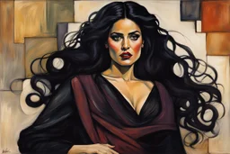 Painting of Salma Hayek as a Goth vampire girl, in the Expressionist style of Egon Schiele, Oskar Kokoschka, and Franz Marc, in muted natural colors