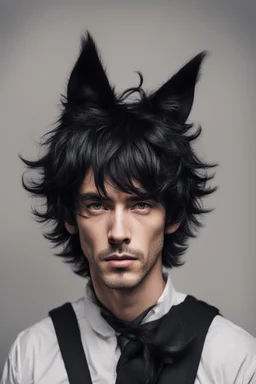 An adult man with messy black hair, large black cat ears and tail